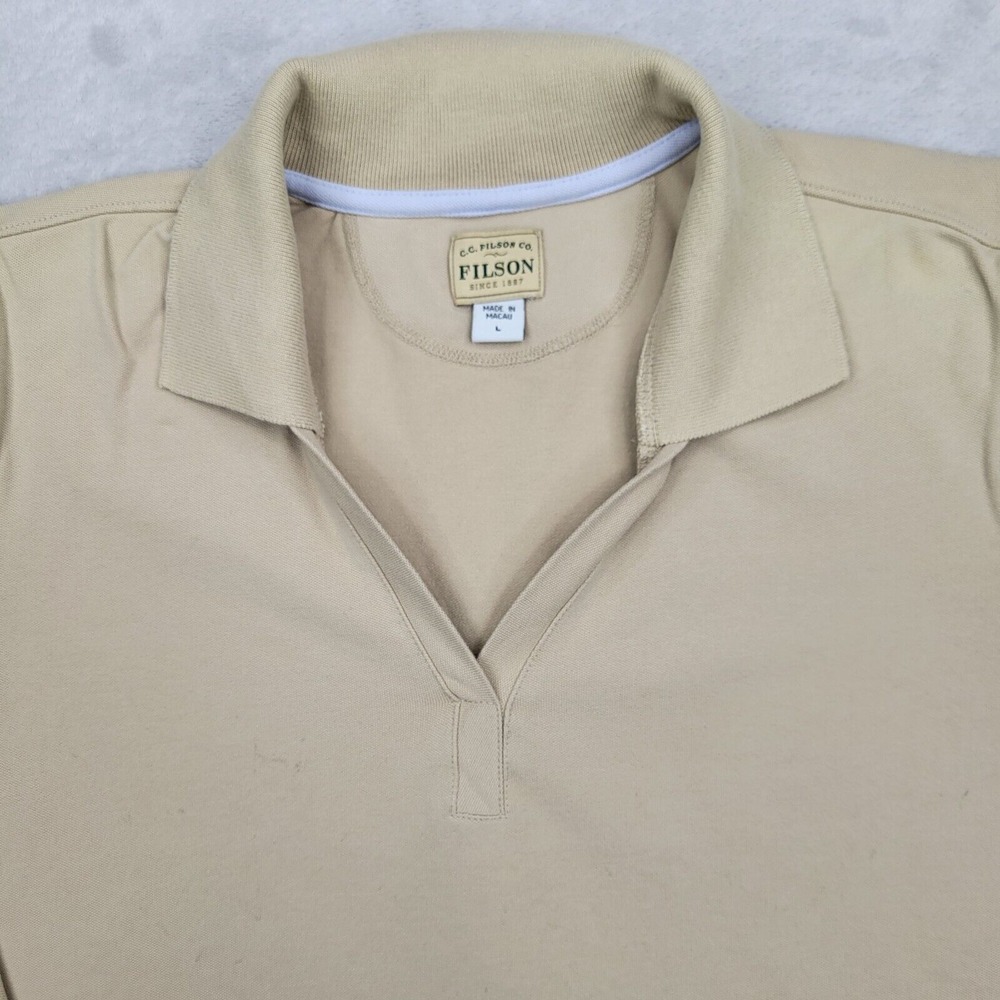CC Filson Shirt Mens Large Khaki Beige Golf Polo Collared Casual Stretch Adult*